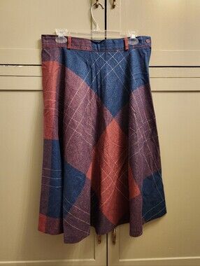 Vintage Blue & Burgundy Plaid A-Line Wool Skirt